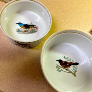Lourioux France Le Faune souffflé bowls 2 EUC bird pattern 6.5 and 7.5 diameter